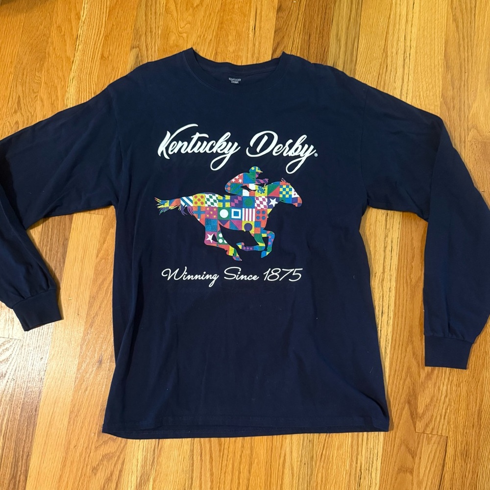 Kentucky Derby Navy Long Sleeve Tee - Colorful Patchwork Horse